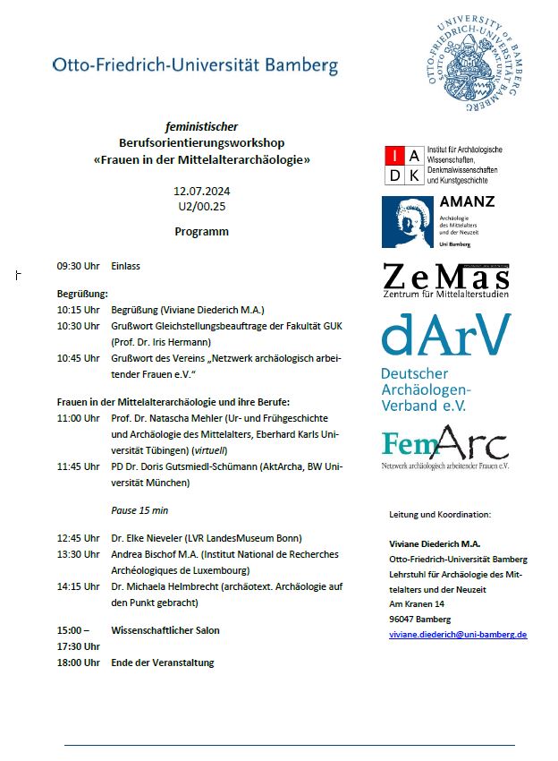 Programm des Feministischen Berufsorientierungsworkshops "Frauen in der Mittelalterarchäologie" am 12.7.2024 an der Universität Bamberg
